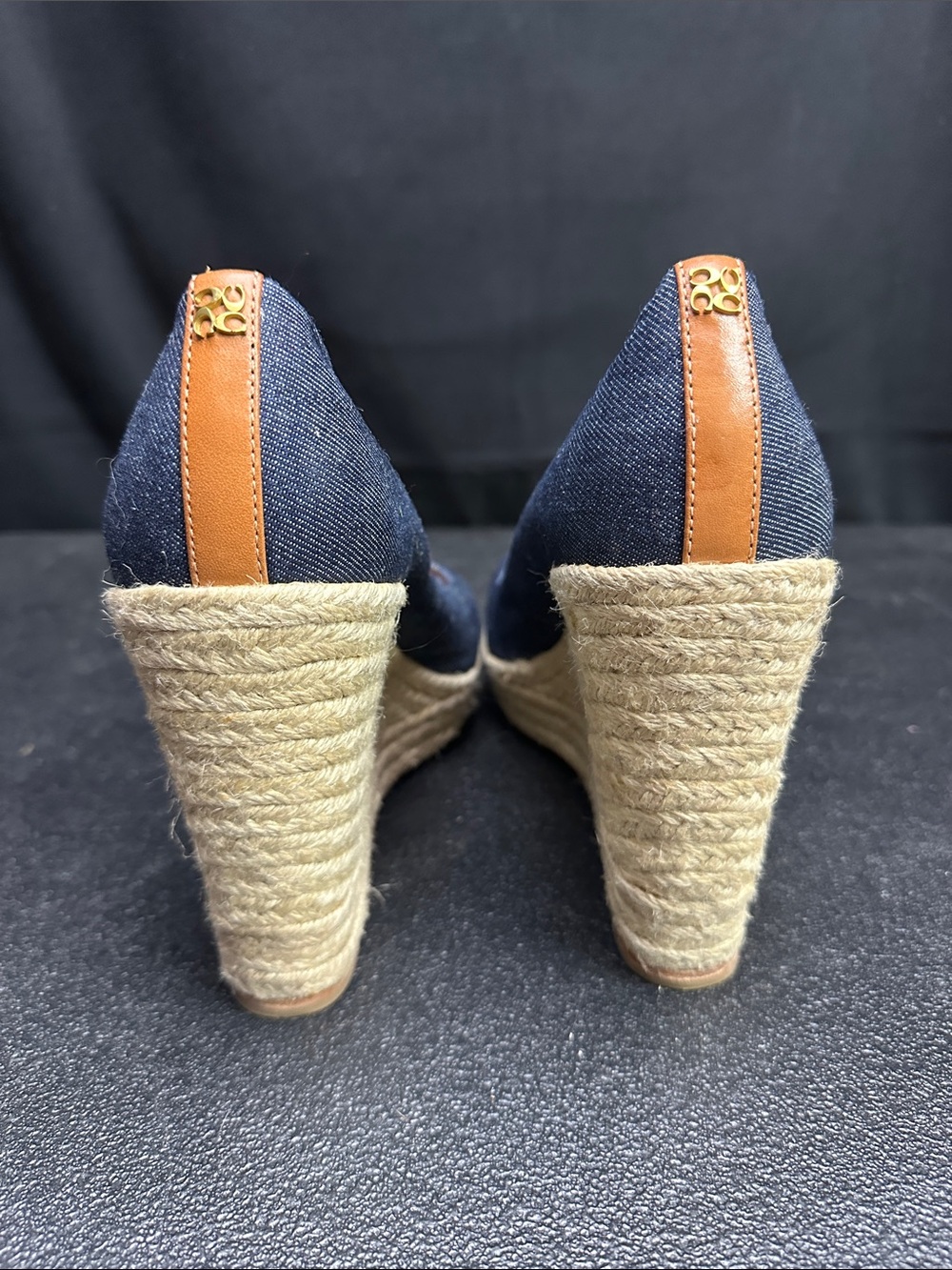 Coach Navy Denim Espadrille Wedges with Tan Leather Trim - Picture 2 of 9